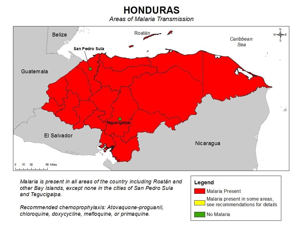 mapa Hondurasu malárie