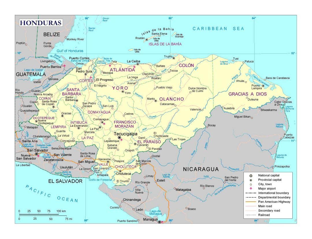 Honduras mapa s městy