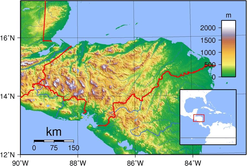 mapa Hondurasu topografické