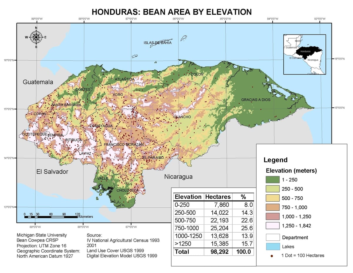 mapa Hondurasu, nadmořská výška