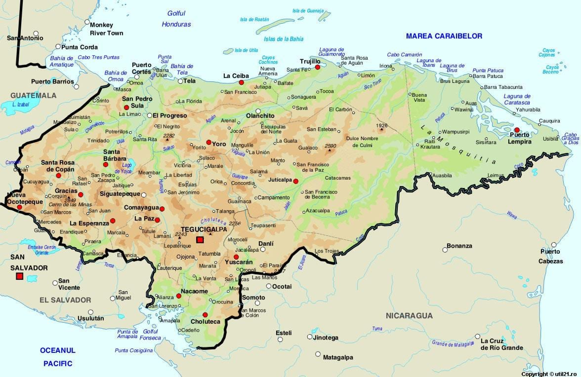 mapa Hondurasu a okolních zemí